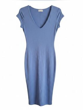 See You Monday Slate Blue V-Neck Midi Dress In X-Small (Fully Lined)